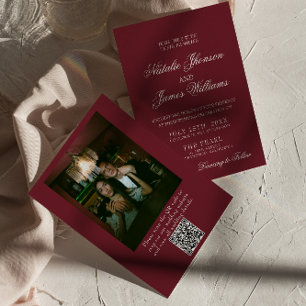 Classic Burgundy Old Money QR Code Photo Wedding Invitation