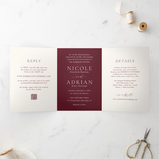 Classic Burgundy QR Code Elegant Wedding Tri-Fold Invitation (Inside)