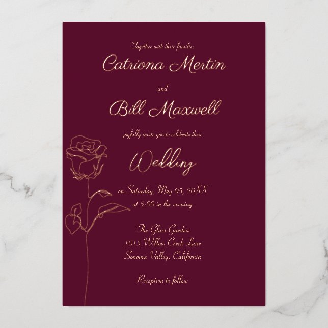 Classic Burgundy & Rose Foil Wedding Invitation (Front)
