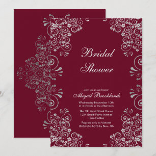Classic Burgundy Silver Scrolls Bridal Shower Invitation