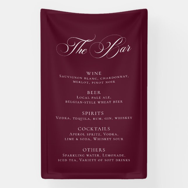 Classic Burgundy Wedding Bar Menu Reception Décor Banner (Vertical)