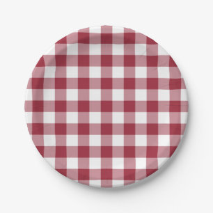 Classic Burgundy White Gingham Plaid Pattern Paper Plate