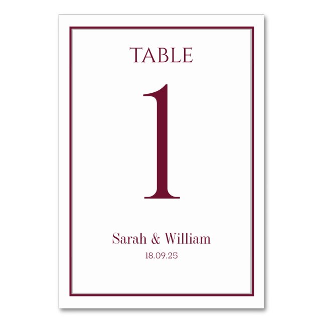 Classic Burgundy White Wedding Table Number Card (Front)