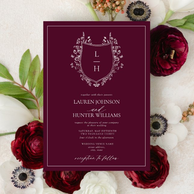 Classic Burgundy Wildflower Monogram Crest Wedding Invitation (Creator Uploaded)