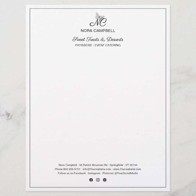 Classic Business Monogram Instagram Black Border Letterhead (Front)