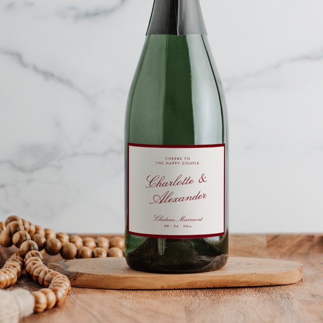 Classic Calligraphy Deep Red Old Money Wedding Sparkling Wine Label (Creator Uploaded)