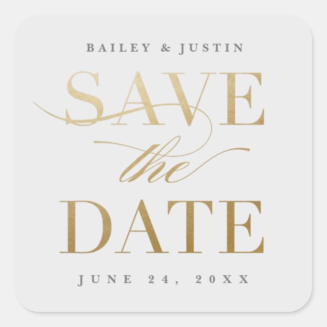 Classic Calligraphy Gold Save the Date Square Sticker (Front)