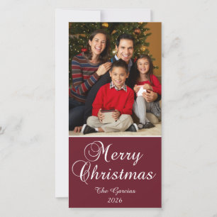 Classic Calligraphy Merry Christmas Photo Plum Red Holiday Card