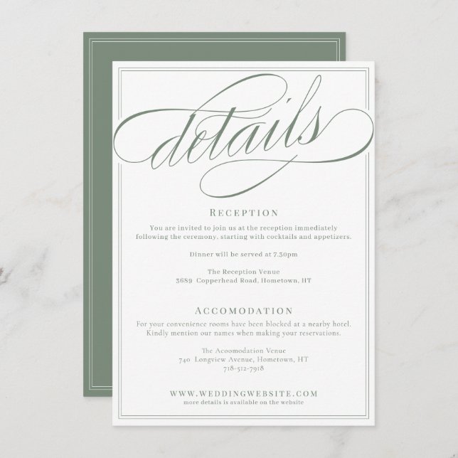 Classic Calligraphy Script White and Sage Wedding Enclosure Card (Front/Back)