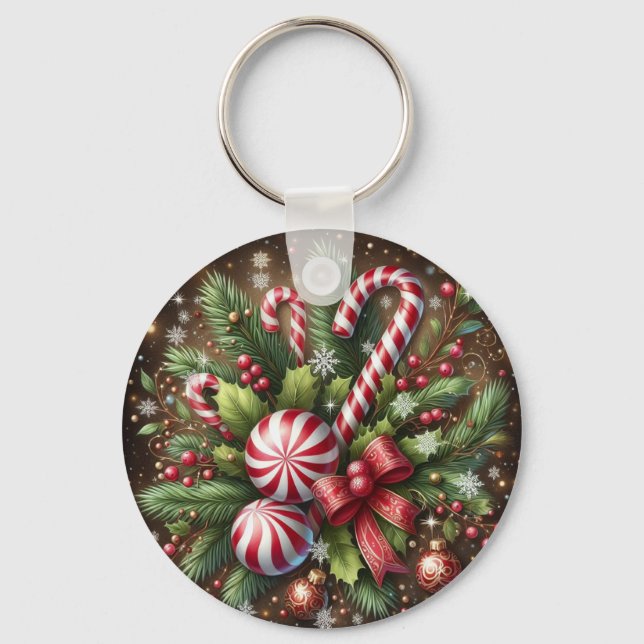 Classic Candy cane/peppermint Christmas greenery Keychain (Front)