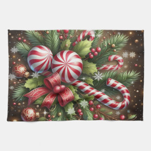 Classic Candy cane/peppermint Christmas greenery Kitchen Towel