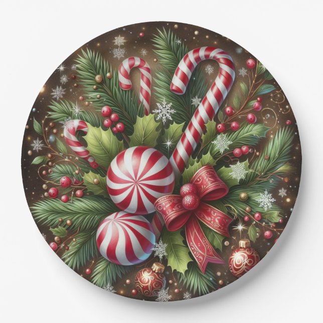 Classic Candy cane/peppermint Christmas greenery Paper Plate (Front)