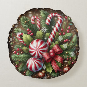 Classic Candy cane/peppermint Christmas greenery Round Pillow