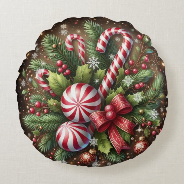 Classic Candy cane/peppermint Christmas greenery Round Pillow (Front)