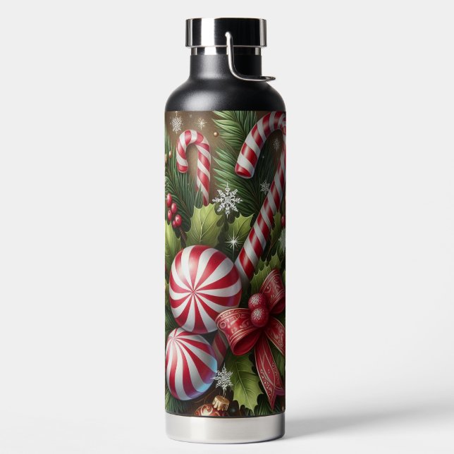 Classic Candy cane/peppermint Christmas greenery Water Bottle (Left)