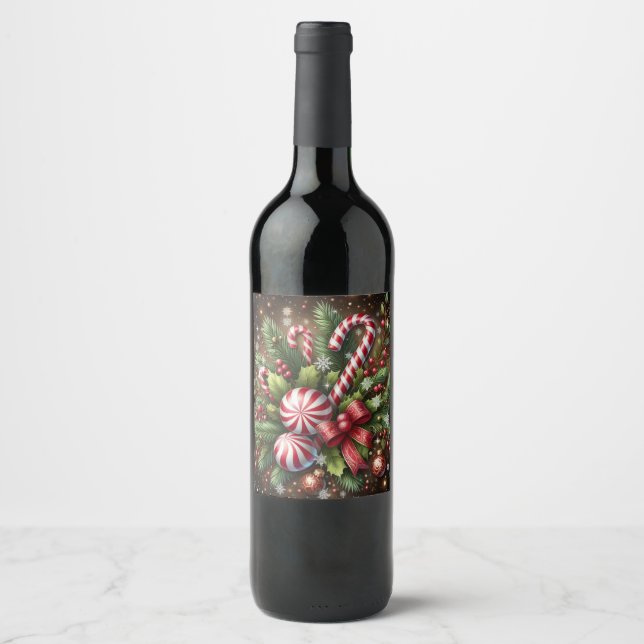 Classic Candy cane/peppermint Christmas greenery Wine Label (Front)