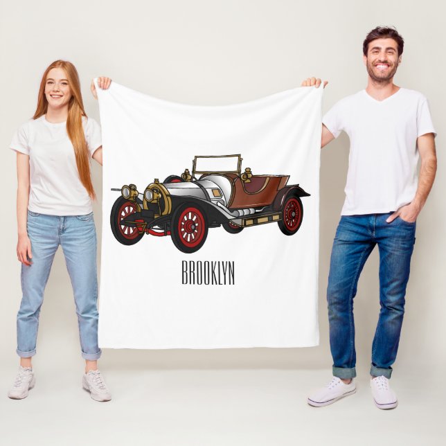 Classic car 1920 cartoon illustration fleece blanket (In Situ)