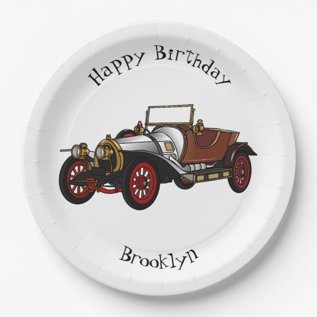 Classic car 1920 cartoon illustration paper plate (Front)