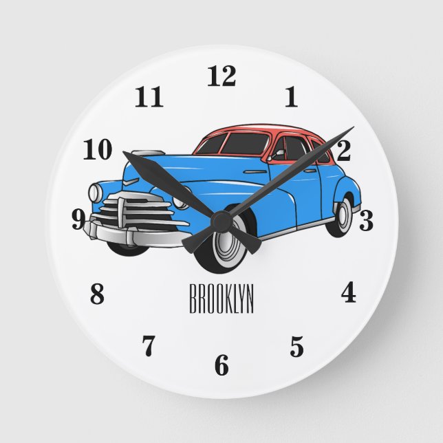 Classic car 1948 cartoon illustration round clock (Front)