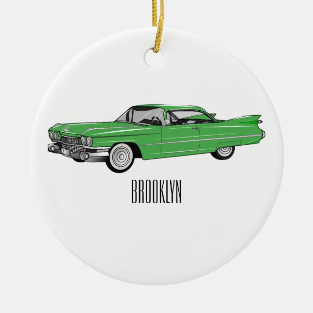 Classic car 1959 cartoon illustration ceramic ornament (Front)