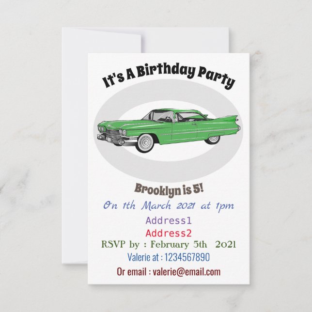 Classic car 1959 cartoon illustration invitation (Front)