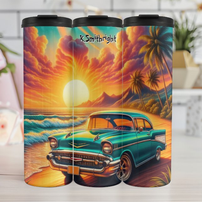 Classic Car at a Tropical Sunset Beach Thermal Tumbler (Creator Uploaded)