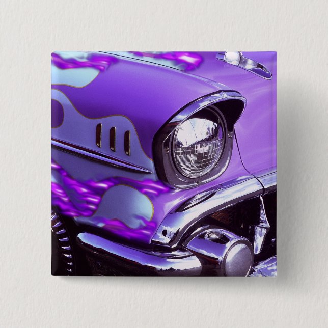 Classic car: Chevrolet with flaming hood 2 Inch Square Button (Front)