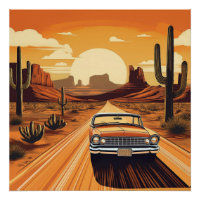 Classic Car Desert Sunset – Vintage Road Trip Art