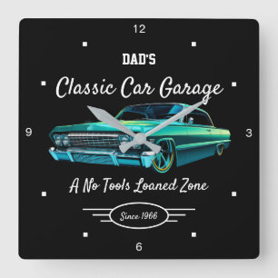 Classic Car Garage Dad's Green Car Name Black   Square Wall Clock