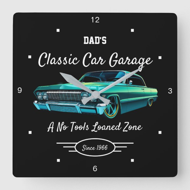 Classic Car Garage Dad's Green Car Name Black   Square Wall Clock (Front)
