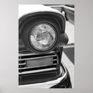 classic car headlight grill black and white poster
