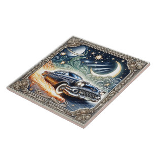 Classic Car Journeys Through Cosmic Night Tile