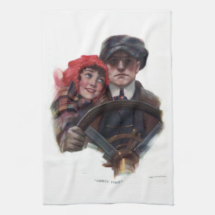 Classic car romantic vintage winter illustration kitchen towel