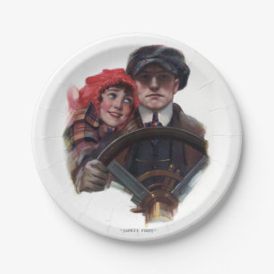 Classic car romantic winter vintage illustration paper plate