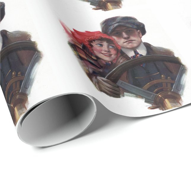 Classic car vintage romantic winter illustration wrapping paper (Roll Corner)