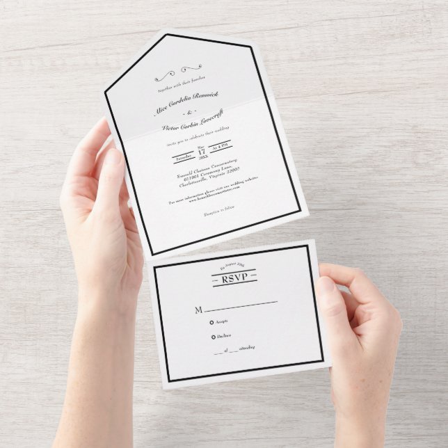 Classic Casual Black White Wedding All In One Invitation (Tearaway)