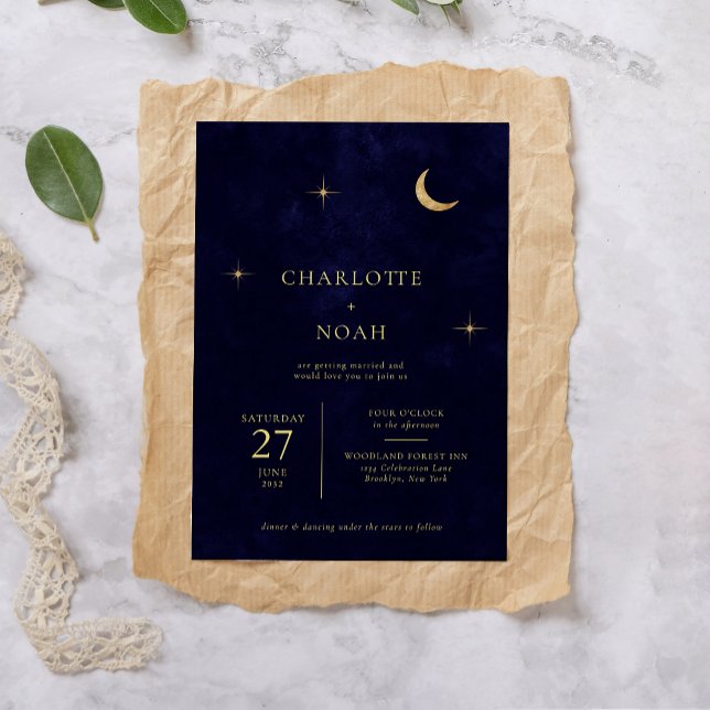 Classic Celestial Midnight Gold Moon Stars Wedding Invitation (Creator Uploaded)