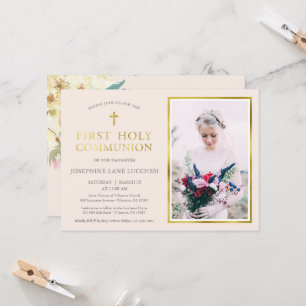 Classic Champagne and Gold Photo Communion Invitation