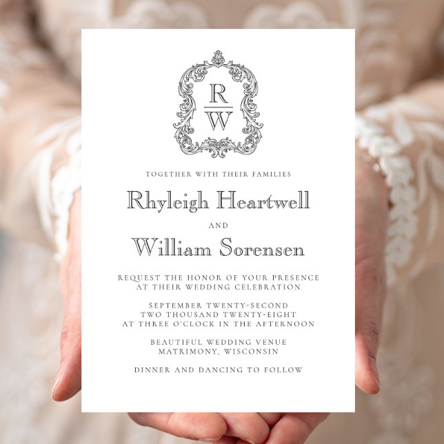 Classic Charcoal and White Monogram Wreath Script Invitation (Creator Uploaded)