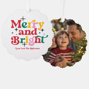 Classic Cheer Merry & Bright Retro Christmas Photo Ornament Card