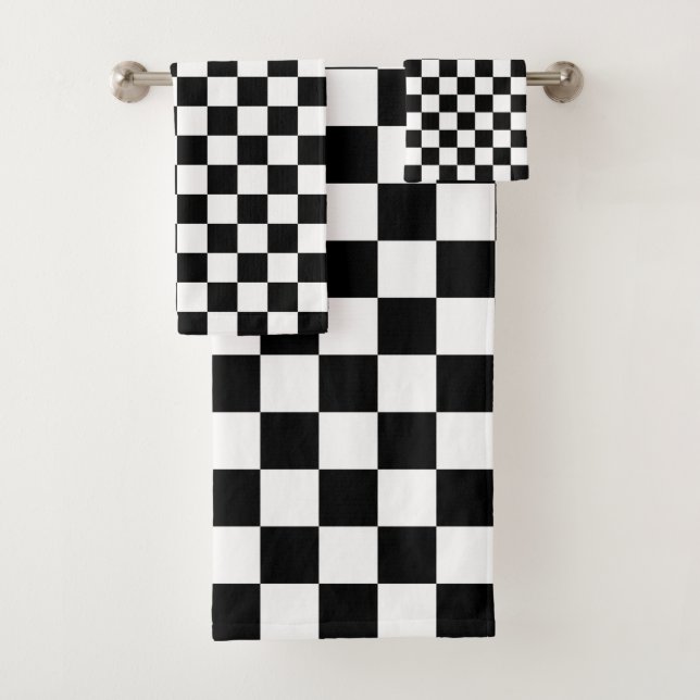 Classic Chequerboard Black White Pattern Bath Towel Set (Insitu)