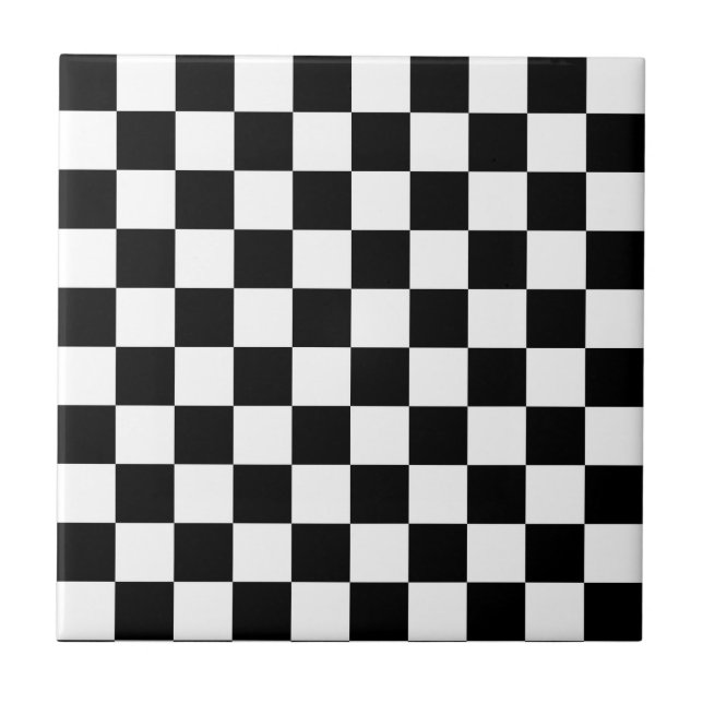 Classic Chequerboard Black White Pattern Tile (Front)