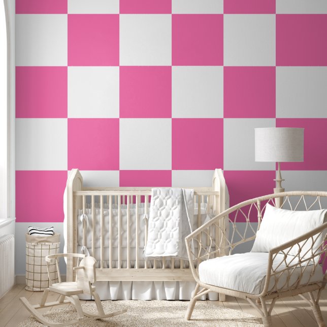 [Classic Chequerboard] Pink and White 12" Squares Wallpaper (Kids)