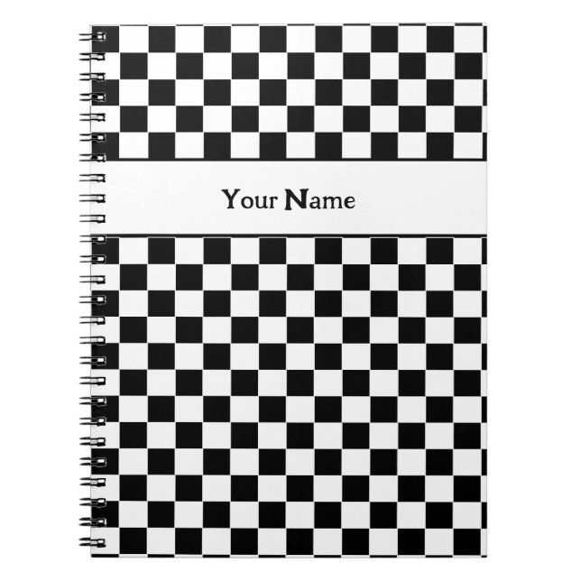 Classic Chequered Black and White Custom Name Notebook (Front)