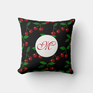 Classic Cherry Fruit Leaf Monogram Black Pillow 4