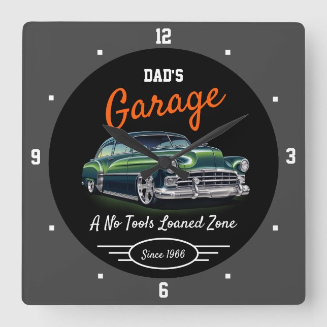 Classic Chevy car Garage Dad's Any Name Black Grey Square Wall Clock (Front)