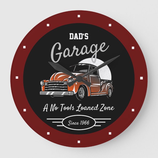 Classic Chevy Truck Garage Dad's Any Name Dark Red Large Clock (Front)