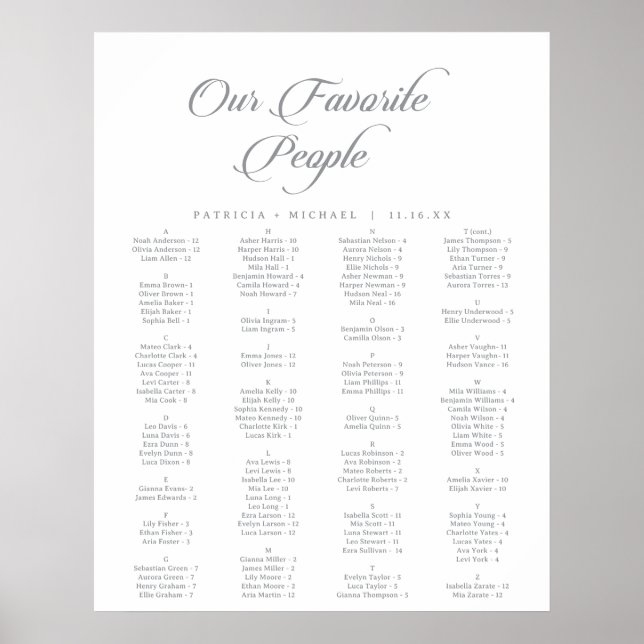 Classic Chic Calligraphy Printable Seating Chart (Front)