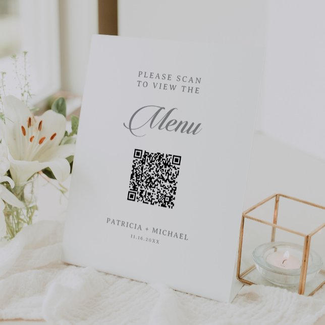 Classic Chic Calligraphy QR Code Wedding Menu Pedestal Sign (Creator Uploaded)