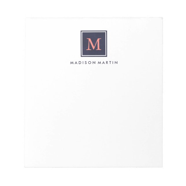 Classic Chic Dark Blue and Coral Monogram Notepad (Front)